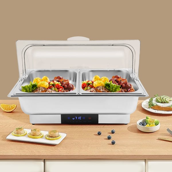Elektrisk Chafing Dish, Rustfrit Stål Konstruktion, 2 Madpander,Sølv