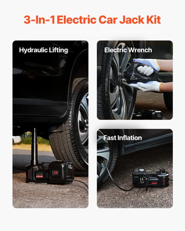 Sähkökäyttöinen autonostin, 5 tonnin kapasiteetti, integroitu ilmapumppu,musta