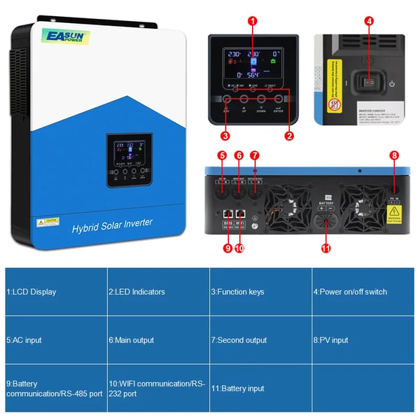 EASUN Hybrid Sol inverter, 6.2KW effekt, indbygget Wi-Fi,6.2KW-48V, 220-240V