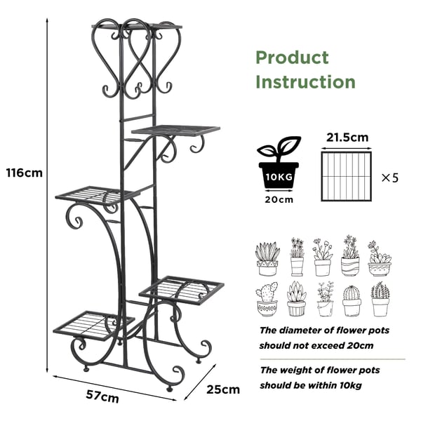 Plantebord, 5-lags design, holdbar metal konstruktion,L, sort