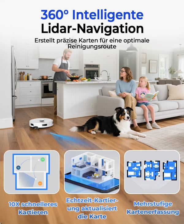 Robotstøvsuger, 20000 Pa sugeevne, 3200 mAh batteri, 3-i-1 rengøring, LiDAR navigation, 3.8 L støvbeholder