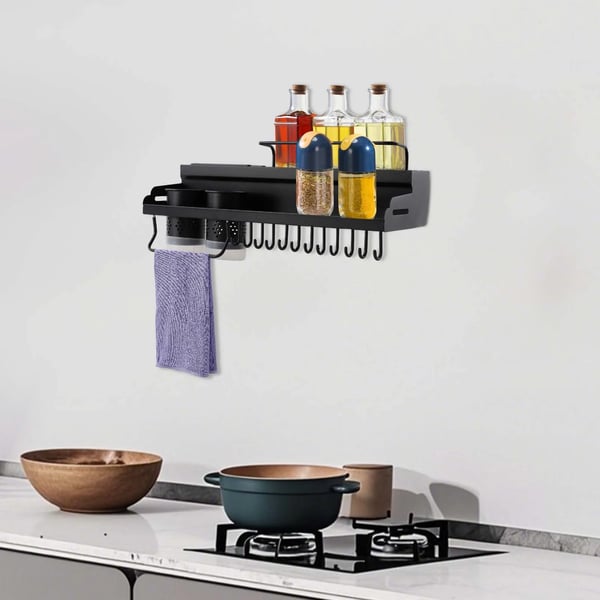 Vægmonteret krydderiholder, Dimensioner 50*19,5*10 cm, Kulstofstål og plastmateriale, 2 niveauer, 12 kroge, 2 spisepinde beholdere