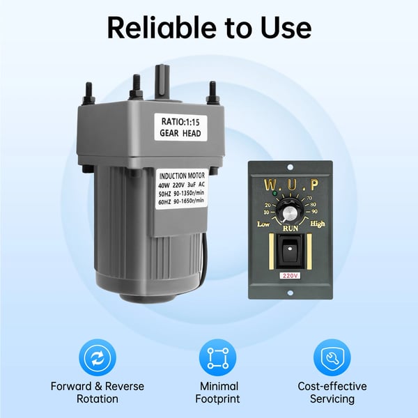 Gear Motor Hastighedscontroller, 40W Effekt, Op til 3.86N.m Moment, 15K Reduceringsforhold, Justerbar Hastighedskontrol, Fremad- og Bagudrotation