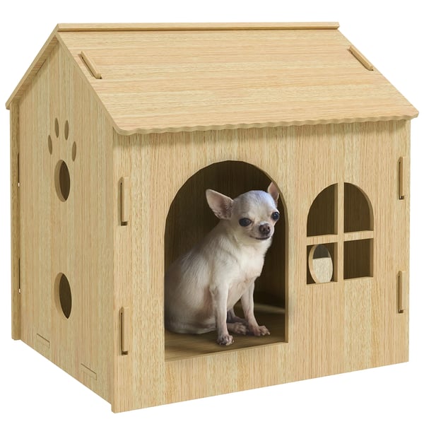 Hundehus, 49,5 x 41 x 51 cm, Eg MDF, Vindue 12 x 15 cm, Frontindgang 20 x 27,5 cm, Intern 45 x 39 x 48/40 cm