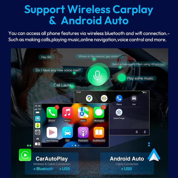 Bil Dash Kamera, Trådløs CarPlay, Android Auto Kompatibilitet