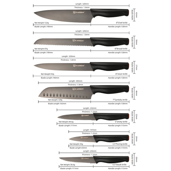 Kniv Sæt, Kulstofstål Materiale, 15 Stykker, Klinge Længde 16,3 cm, Håndtag Længde 13 cm, Klinge Vinkel 60°