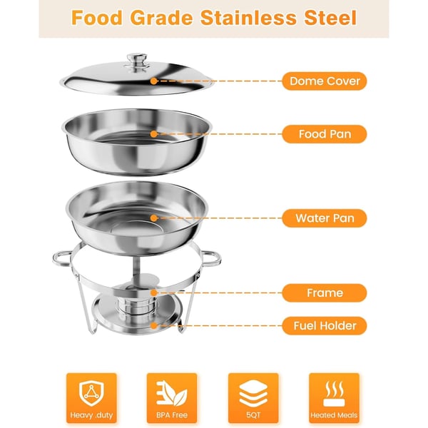 Chafing Dish Sæt, 5 Quart Kapacitet, Rustfrit Stål Konstruktion,4stk