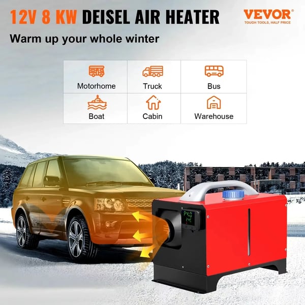 Dieselvarmer, 8KW effekt, 12V spænding, 0.1 - 0.24 L/h brændstofforbrug, -40°C til 80°C arbejdstemperatur, kompatibel med biler og campingvogne