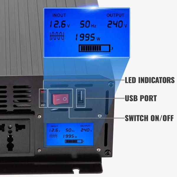 Inverter, 2000 Watt, DC12V Indgang, 4000 Watt Spidskraft, Kompakt Størrelse, Flere Spændingsudgange