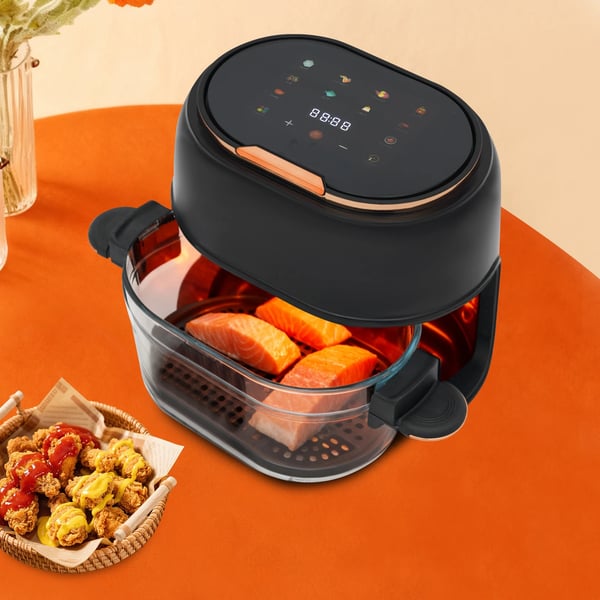 Digital Air Fryer, 4L kapacitet, 1350W effekt, temperaturinterval 60-190 ℃, timer op til 24 timer, borosilikatglas kurv