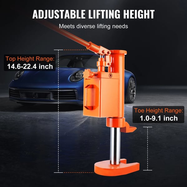 Hydraulisk Tå Jack, 10 Ton Løftekapacitet, 5 Ton Tå Kapacitet, Højdeområde 14,6-22,4 Tommer, Tå Højde 1,0-9,1 Tommer, 360° Rotérbar