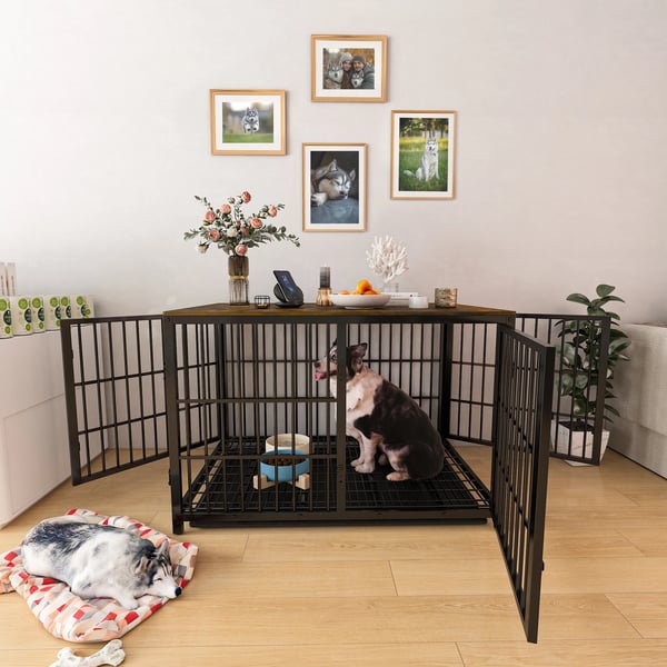 Hundebur, Multifunktionelt Design, XXL Træ Kæledyrshus, Holdbare Materialer, 3 Døre til Mellemstore til Store Hunde,Mørk Valnød