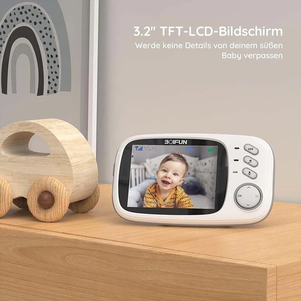 Babymonitor, 3,2 tommer LCD-skærm, 240P videoopløsning, 750mAh batteri, infrarød natvision, tovejskommunikation