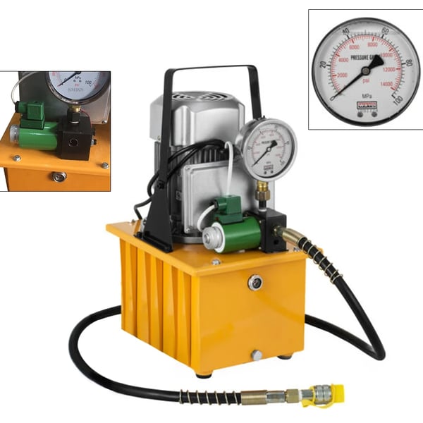 Hydraulisk elektrisk pumpe, 10000 PSI output, 750W effekt, stålkonstruktion, pedalbetjening, justerbar flowrate