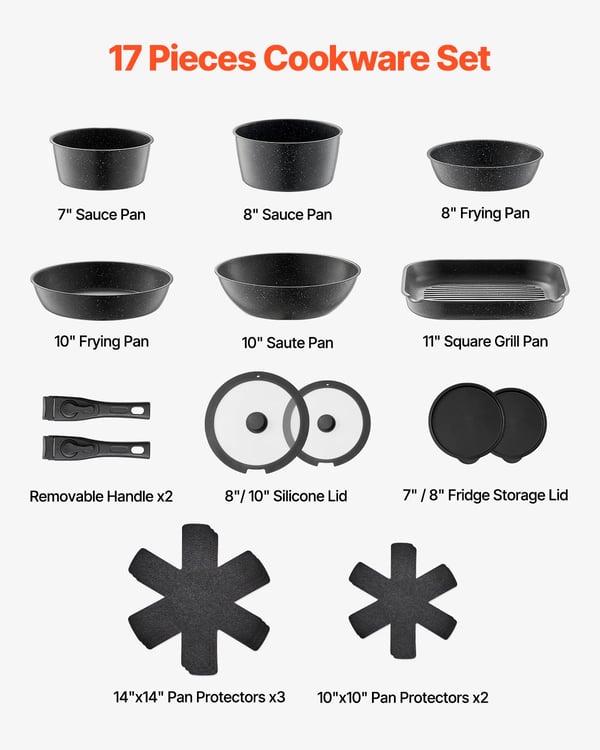 Nonstick Grydesæt, 17 Stykker, Alsidige Madlavningsfunktioner, Ovnsikker,1 sæt
