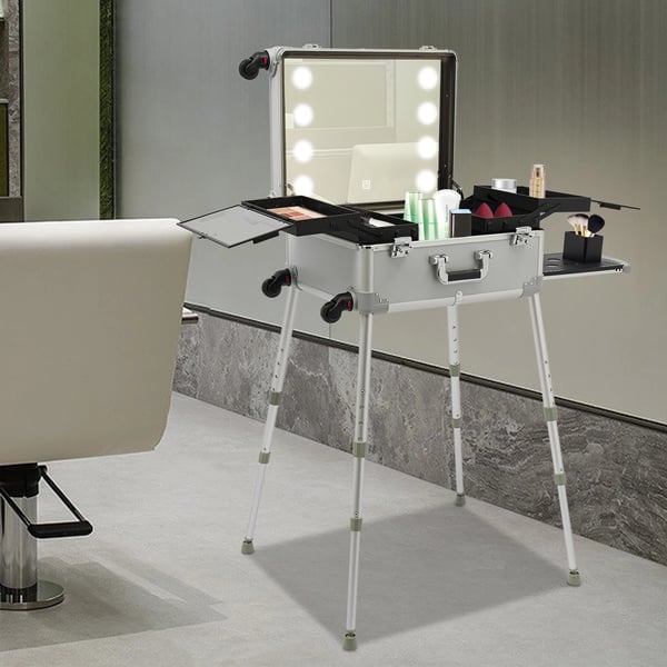 Makeup Case, 21 Tommer, 8 LED Lyskilde, Justerbar Højde 39-85 cm, Aftagelig Universel Hjul, Håndholdt og Håndtrukket Bæring