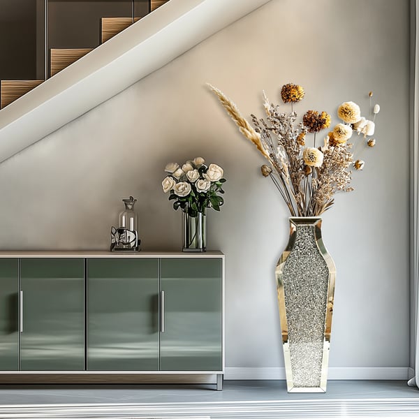 Høj Blomsterkrukke, Gulvvaske, Moderne Stil, Med Diamanter,Sølv