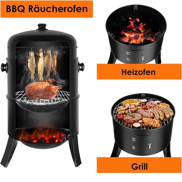 Rökarugn, Rostfria Grillar, 37,5 cm Grillmått, Kolkompatibel, Justerbara Ventiler, Högtemperaturbeständig Emaljskål