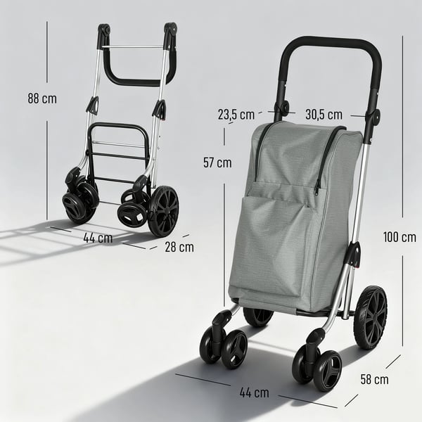 Shoppingvagn, 6 hjul, Fällbar design,Grå