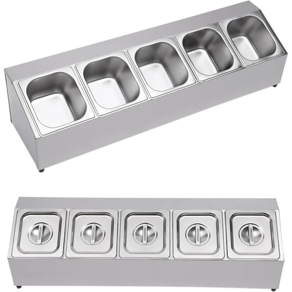 Pizza Topping Station, Rustfrit Stål Konstruktion, Inkluderer 5 Pander med Låg, Ideel til Catering