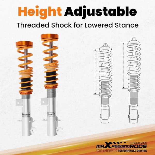 Coilover affjedringskit, Længde 64 cm, Bredde 53 cm, Højde 34 cm, Foran fjederhastighed 8 kg/mm, Bag fjederhastighed 6 kg/mm