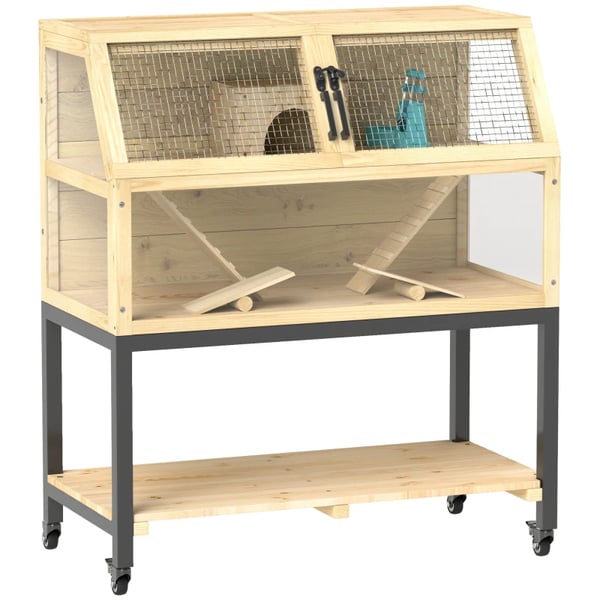 Hamsterihäkki, Puinen Rakenne, 87 cm x 43 cm x 101 cm, Sopii Kääpiöhamstereille ja Gerbiileille, Kaksikerroksinen Suunnittelu, Kantavuus 20 kg