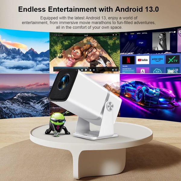 Mini projektor, 1080P opløsning, 11000 lumen lysstyrke, Android 13 system,Android-version