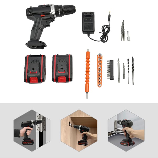 Rotary Hammer Boremaskine, 3-i-1 Funktionalitet, Inkluderer 2 Batterier,Sort