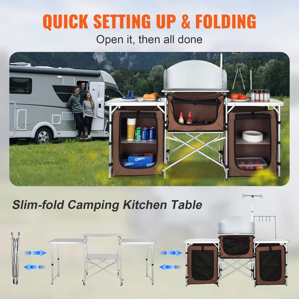 Camping Køkkenbord, Bærbart Design, Forbedret Stabilitet,brun