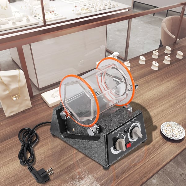 Smykke Poleringsmaskine, Polycarbonat Materiale, 3 kg Kapacitet, Bidirektionel Rotation, Justerbar Timer 10 til 60 Minutter, Lækagesikker Design