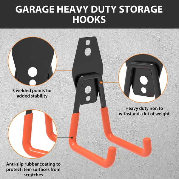 Garagekroge, kraftig stål, 12 kroge, 40 kg belastningskapacitet, assorterede størrelser, PVC skridsikker belægning