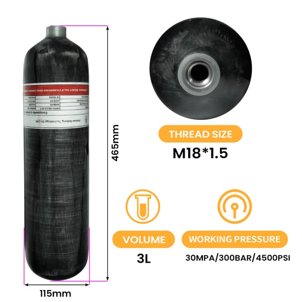 Cylinder, 300 BAR Tryk, Kulfiber Konstruktion,3L med ventil