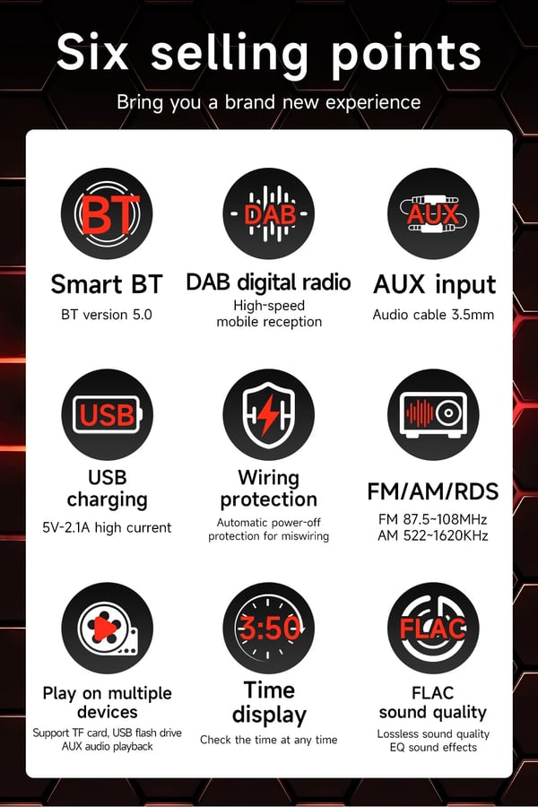 Bilradio, Bluetooth 5.0, Dobbelt USB-porte,MP3-afspiller
