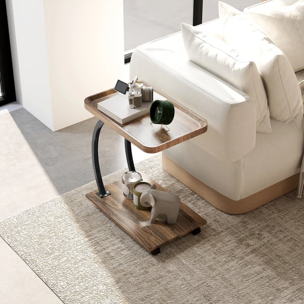 C-formad Sidobord, Med Hjul, Platsbesparande Design,Brun och svart