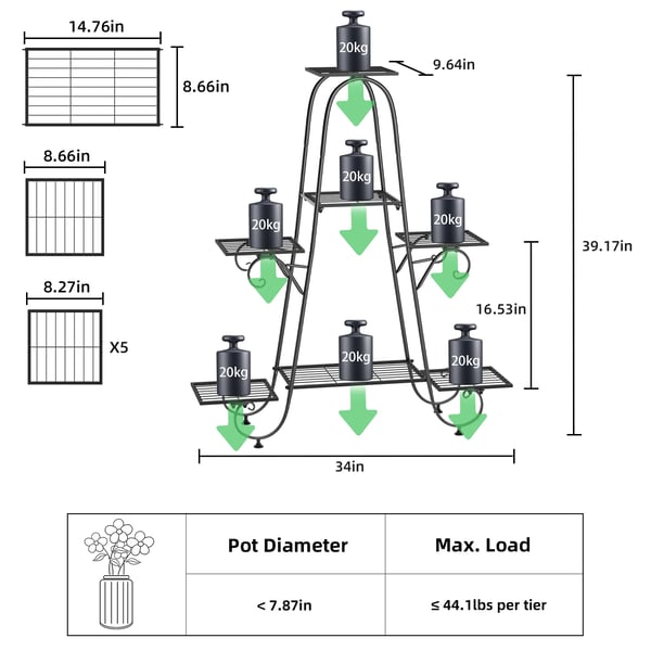 Metal Planteholder, 7 Niveauer, 20 kg Kapacitet,sort