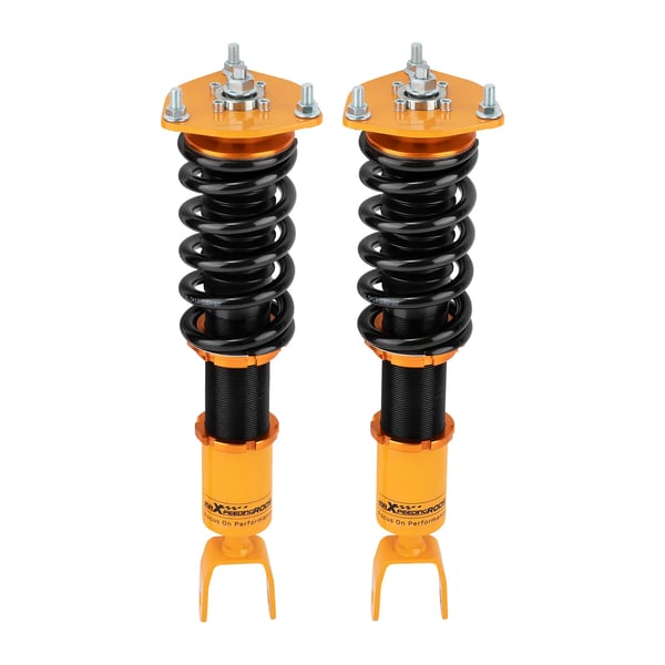 Coilover-sarja, säädettävä korkeus 1-3 tuumaa, etujousen kovuus 10 kg/mm, takajousen kovuus 6 kg/mm, mitat 63cm x 51cm x 21cm