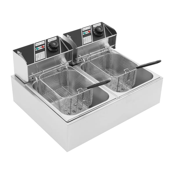 Elektrisk frituregryde, dobbelt tanke, 5000W effekt, 6L kapacitet pr. tank, temperaturinterval 60-200°C, rustfrit stål konstruktion