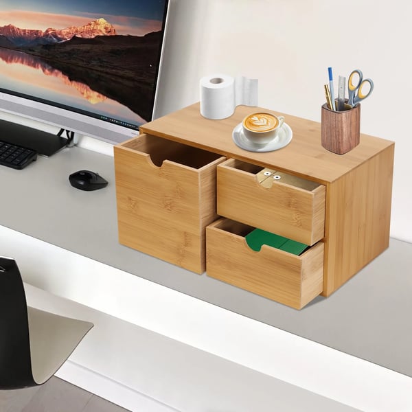 Bambus Skrivebordsorganisator, 3 Skuffer, Rektangulær Form, Desktop Placering, Miljøvenligt Materiale, 33*19*16cm