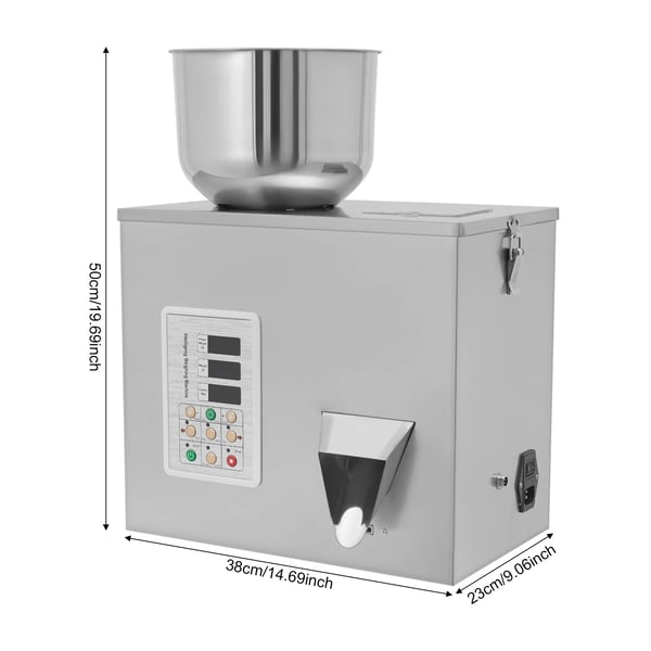 Fyldemaskine, 180W effekt, 220V 50Hz, emballageområde 1-50g, dimensioner 38*23*50cm, tragtstørrelse 20*30cm
