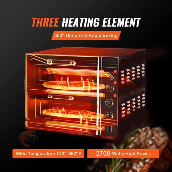 Pizzaovn, 16-tommer kapacitet, justerbar temperatur 50°C til 350°C, 120-minutters timer, 3 varme rør, CE-certificeret