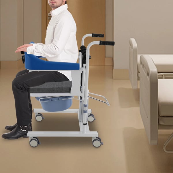 Patient Mobilitetsløftestol, 100 kg Belastningsevne, Holdbart Højkulstofstål, Justerbar Højde, 180° Foldbar Rygstøtte, TPE Hjul