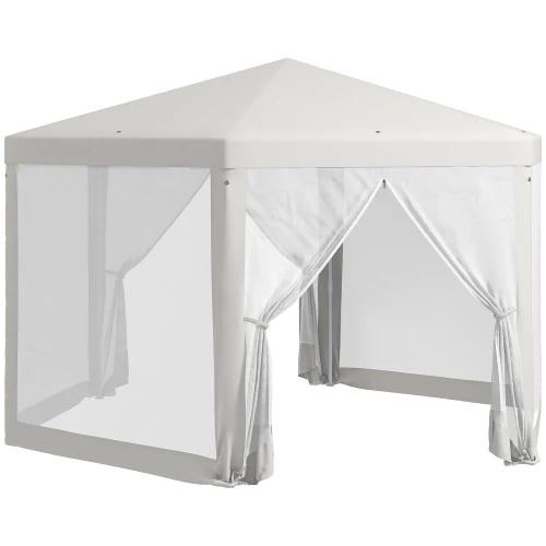 Kuusikulmainen paviljonki, polyesteri- ja metallirakenne, 394 x 341,2 x 250, Sivupituus 197 cm, Katon korkeus 250 cm, Räystään korkeus 200 cm