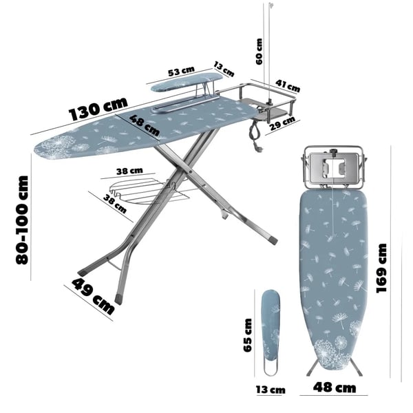 Strygebræt, Justerbar Højde 80-100 cm, Dimensioner 130x48 cm, Indbygget Elektrisk Stik 250 V, 100% Bomuldsbetræk, Skridsikre Metalben
