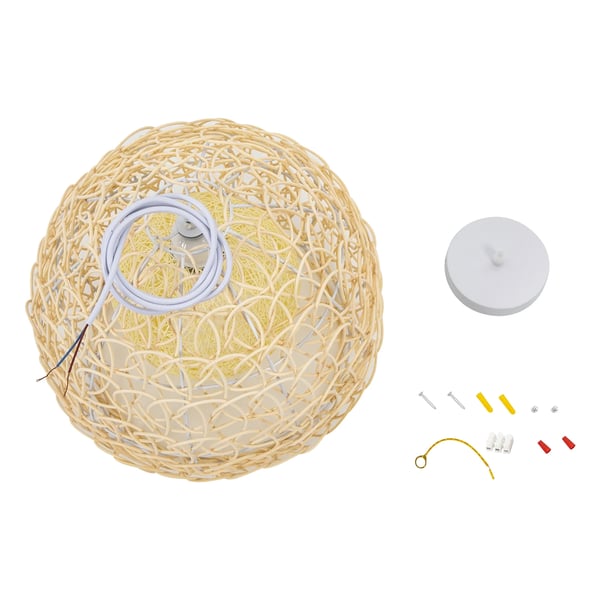 Pendellampe, Rattanmateriale, Fiskeskæl mønster, Justerbar højde,lys gul