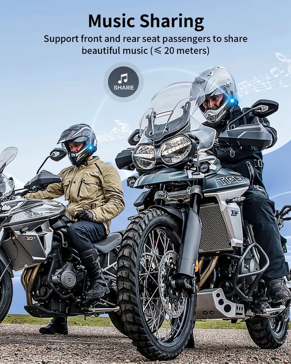 Motorcykel Intercom, 2000 Meter Räckvidd, Stöder 8 Åkare, Bluetooth 5.0, FM Radio Funktionalitet, 900 mAh Batteri