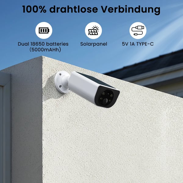 Trådløst sikkerhedskamera, 3MP opløsning, 2.4GHz WiFi-forbindelse, solcelledrevet, farve nattevision, bevægelsesdetektion