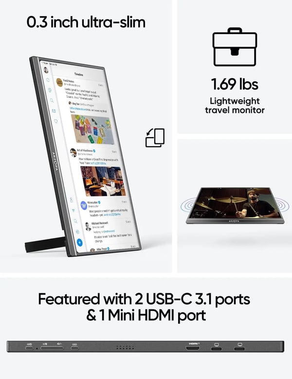 ARZOPA Bærbar Skærm, Full HD 1080P Opløsning, IPS Skærmteknologi,17,3 1080P 100sRGB