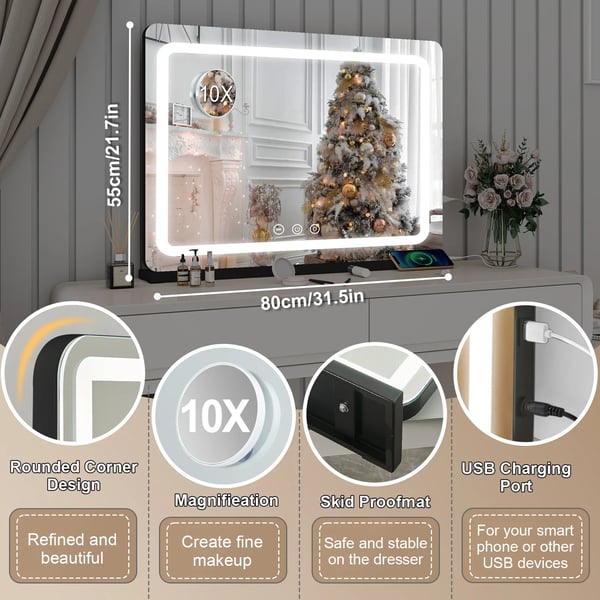 Makeup Spejl, LED Belysning, 3 Farvetemperatur Indstillinger,sort