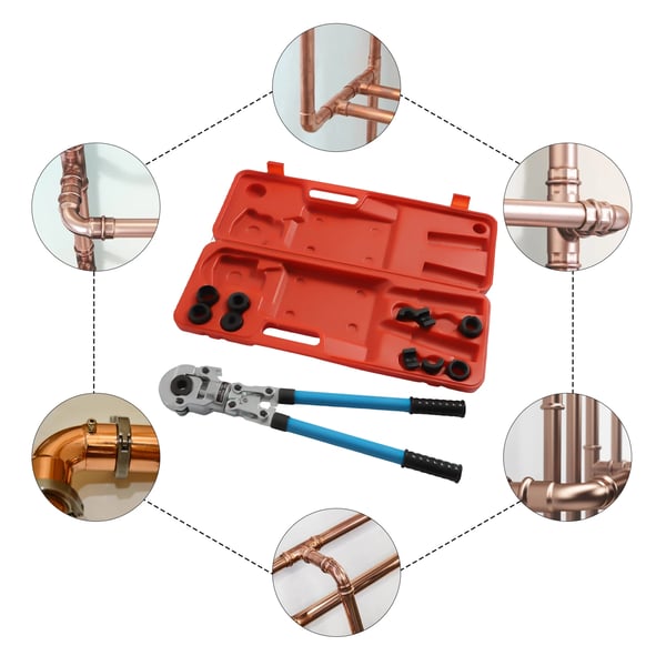 Säädettävät hydrauliset puristuspihdit, 6 tonnin maksimivoima, tehokas ratchet-rakenne, monipuoliset putkiliitoksiin.