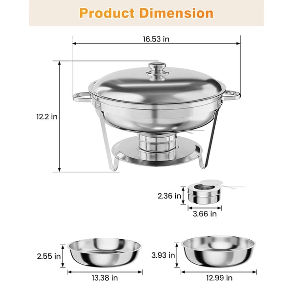 Chafing Dish Sæt, 5 Quart Kapacitet, Rustfrit Stål Konstruktion,4stk